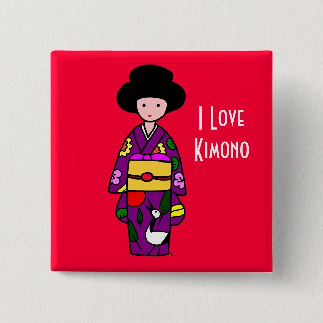 Kimono Girl Purple Cartoon Pinback Button (Front)