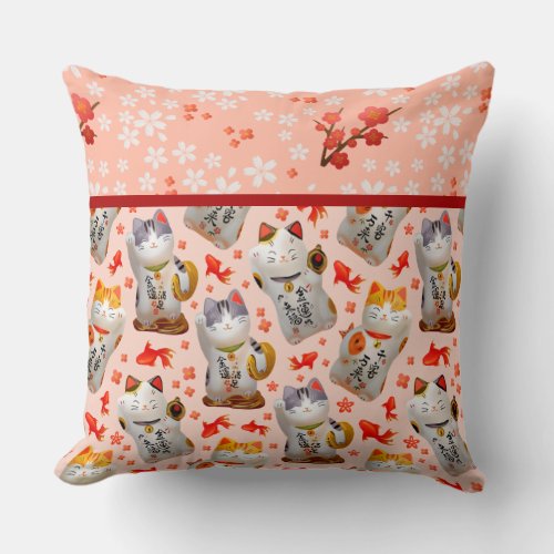Kimono inspired Japanese Lucky Cat in Peach Pink Throw Pillow