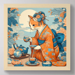 Kimono Kitty Having Tea Japanese Orange Blue Poster