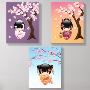 Kimono Kokeshi Dolls Cute Geisha Girls Set of 3 Acrylic Photo Tile