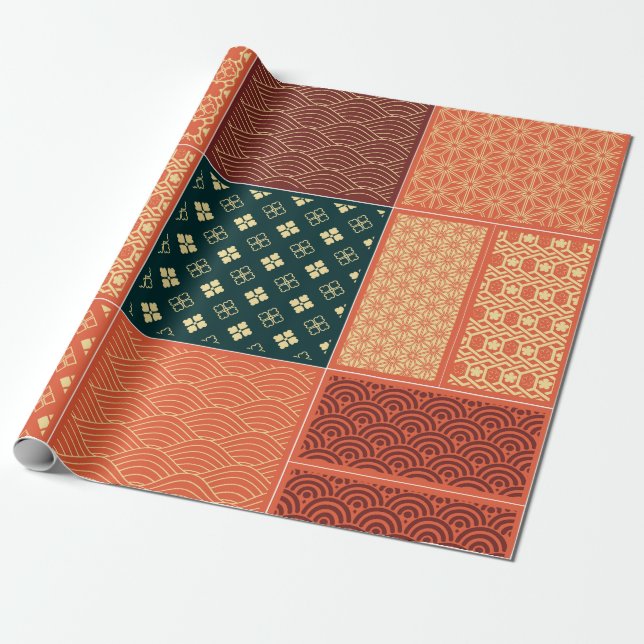 Kimono Mix Pattern Red Wrapping Paper (Unrolled)