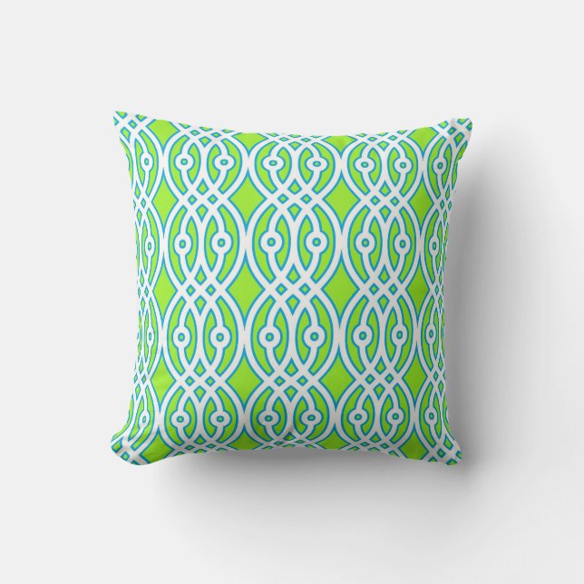 Kimono print, lime, turquoise and white throw pillow (Front)