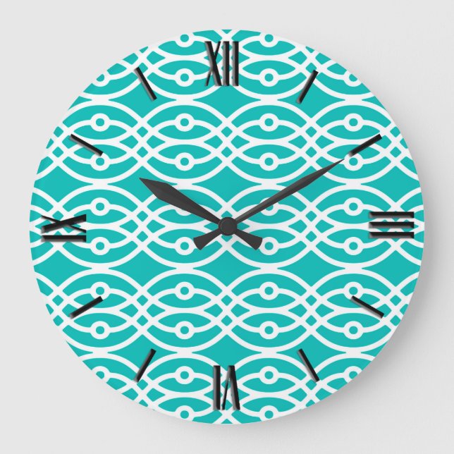 Kimono print, turquoise and white large clock (Front)