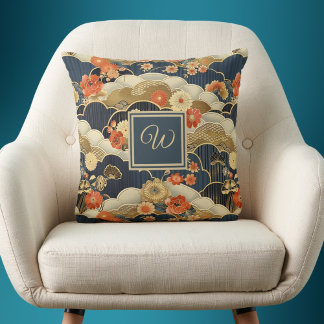 Kimono Style Floral Japanese Print with Monogram Throw Pillow