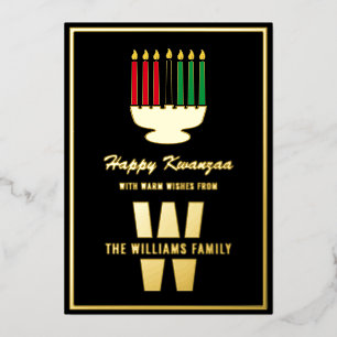 Kinara Candles Monogram Family Name Happy Kwanzaa Foil Holiday Card