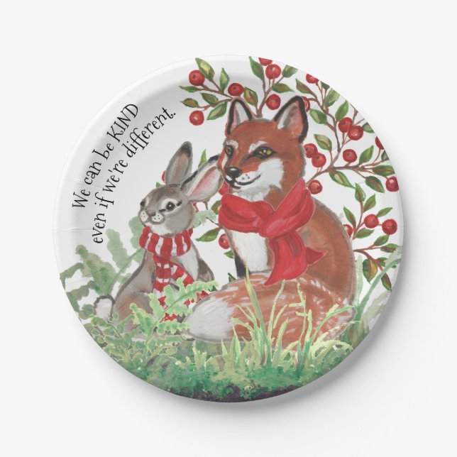 Kind Fox Bunny Rabbit Berry Holiday Christmas Cute Paper Plates (Front)