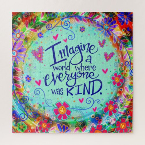 Kind World Inspirational Floral Hearts Fun Trendy Jigsaw Puzzle