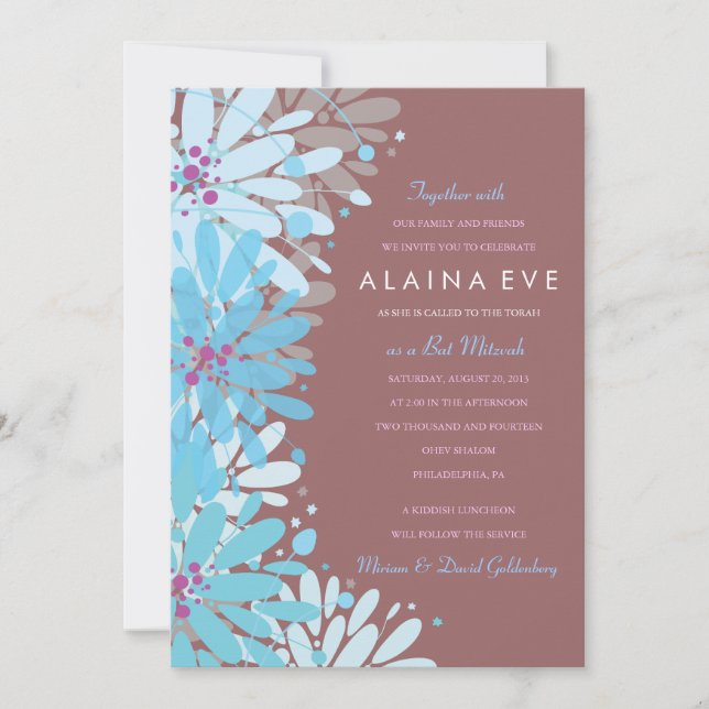 KINDA BLUE FLOWERS Bar Bat Mitzvah Invitation (Front)