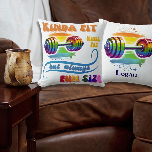 Kinda Fit Funny Fitness Rainbow Throw Pillow (Funny Fitness Gym Throw Pillow with Rainbow Barbell, Customize with Name or Message on Back)