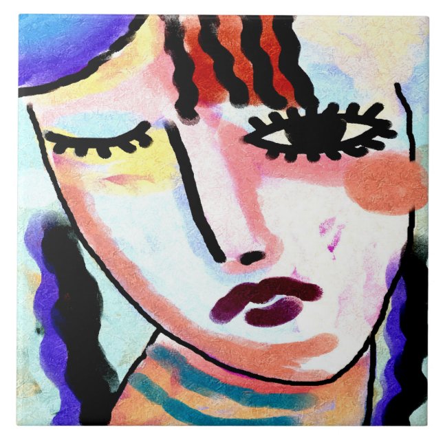 Kinda Sad Abstract Digital Portrait of a Woman Ceramic Tile (Front)