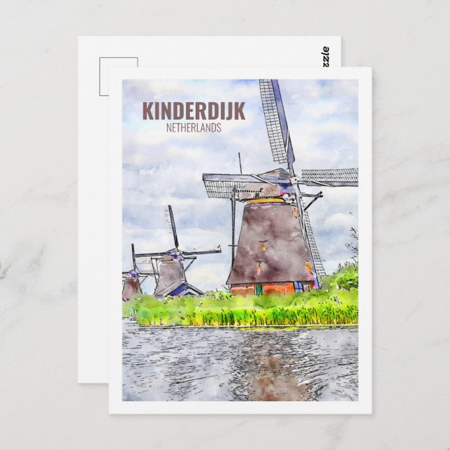 Kinderdijk Netherlands Travel Watercolor Sketch Postcard (Front/Back)