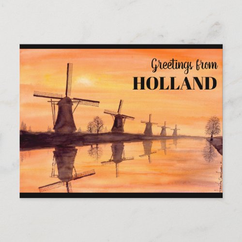 Kinderdijk Windmills Sunset _ Watercolor Painting Postcard
