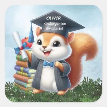 Kindergarte Graduation Boy Squirrel Square Sticker by sandrarosecreations at Zazzle