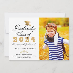 Kindergarten Black Gold Script Photo Graduation Announcement