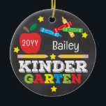 Kindergarten Colorful Chalk Keepsake Kids Photo Ceramic Ornament<br><div class="desc">Kindergarten ornament design features an apple, a ruler, crayons and bold, colorful fun typography and a photo on the back! Click the customize button for more options for modifying the text! Variations of this design, additional colors, as well as coordinating products are available in our shop, zazzle.com/store/doodlelulu. Contact us if...</div>