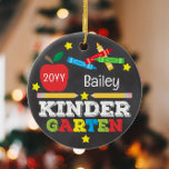 Kindergarten Colorful Chalkboard Keepsake Kids Ceramic Ornament<br><div class="desc">Kindergarten ornament design features an apple, a ruler, crayons and bold, colorful fun typography! Click the customize button for more options for modifying the text! Variations of this design, photo options, other school grades, additional colors, as well as coordinating products are available in our shop, zazzle.com/store/doodlelulu. Contact us if you...</div>