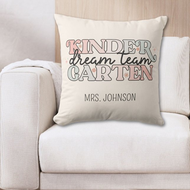 Kindergarten Dream Team Teacher in Retro Style Throw Pillow (In situ)