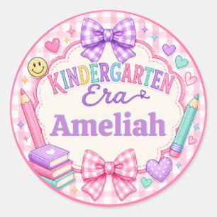 Kindergarten Era Preppy Bows Pink Gingham Name Classic Round Sticker