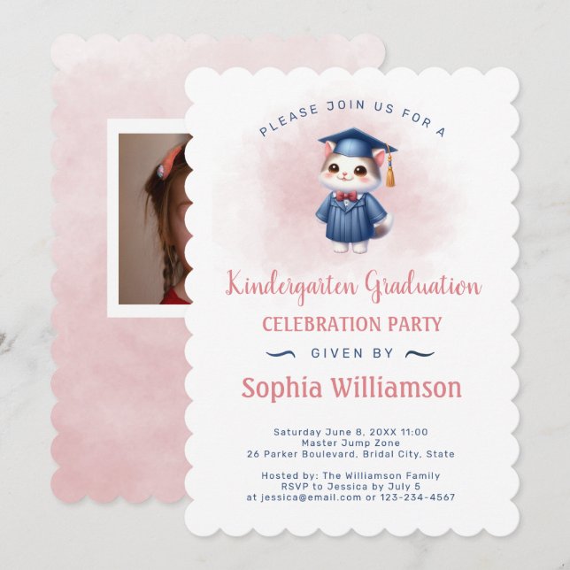 Kindergarten Girl Graduation Cat Invitation (Front/Back)
