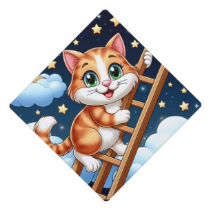 Kindergarten Grad Kitty Climbs Ladder to the Moon Graduation Cap Topper