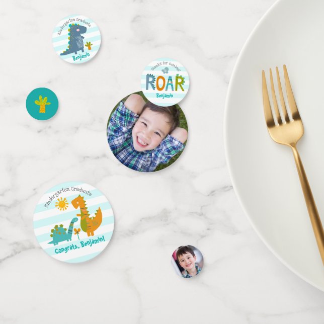 Kindergarten Graduation Blue Dinosaur Boy 2 Photo Confetti (Group)