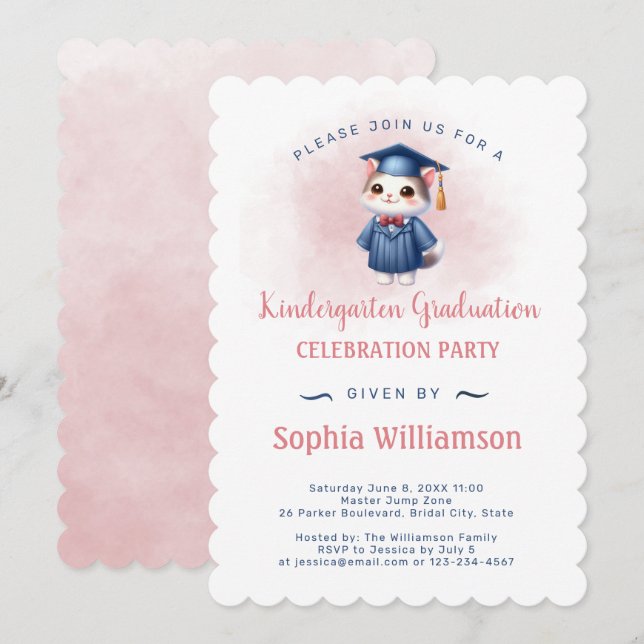 Kindergarten Graduation Cat for Girl Invitation (Front/Back)