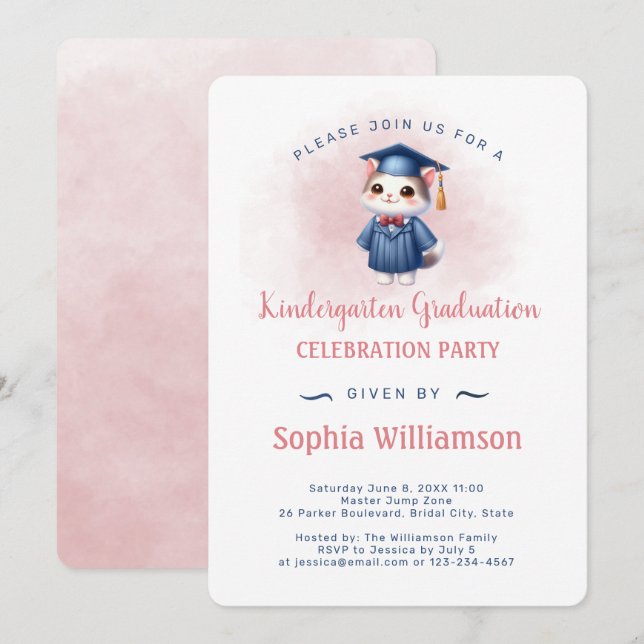 Kindergarten Graduation Cat for Girl Invitation (Front/Back)