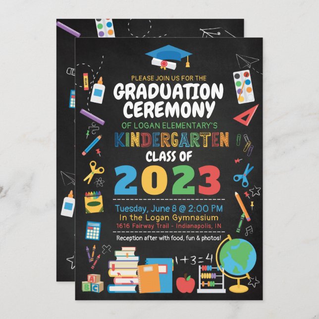 Kindergarten Graduation Ceremony Color Chalkboard Invitation (Front/Back)