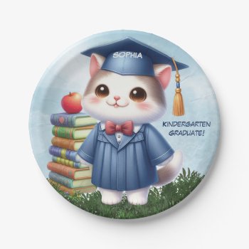 Kindergarten Graduation Girl Cat Congratulations Paper Plates by sandrarosecreations at Zazzle