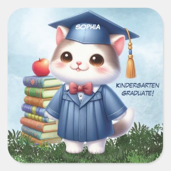 Kindergarten Graduation Girl Cat Congratulations Square Sticker by sandrarosecreations at Zazzle