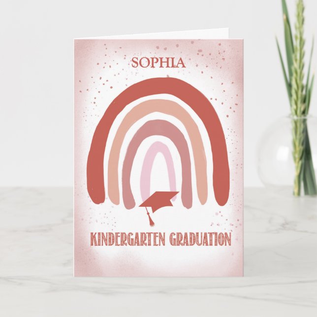 Kindergarten Graduation Pink Watercolor Rainbow Card (Front)