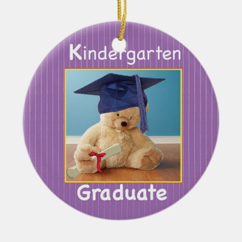 Kindergarten Graduation Teddy Bear on Purple Ceramic Ornament