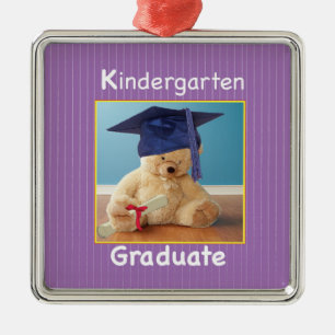 Kindergarten Graduation Teddy Bear on Purple Metal Ornament