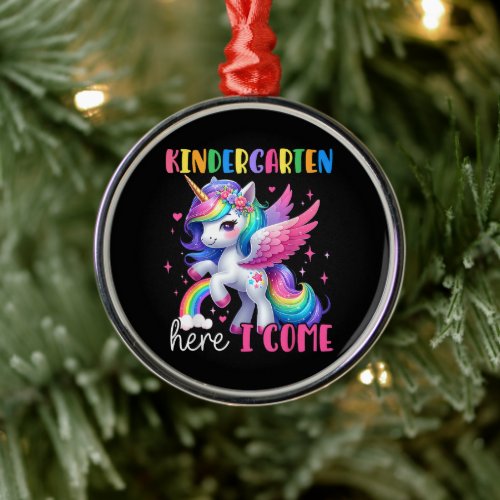 Kindergarten Here I Come Unicorn Back to School Metal Ornament