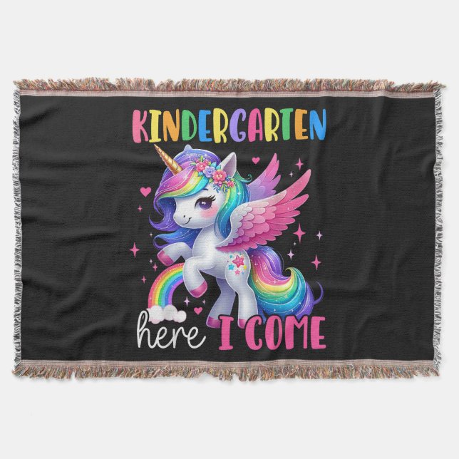 Kindergarten Here I Come Unicorn Back to School Throw Blanket (Front)