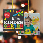 Kindergarten Keepsake Chalk Colorful Kids Photo Ceramic Ornament<br><div class="desc">Kindergarten ornament design features an apple, a ruler, crayons and bold, colorful fun typography! Click the customize button for more options for modifying the text! Variations of this design, additional colors, as well as coordinating products are available in our shop, zazzle.com/store/doodlelulu. Contact us if you need this design applied to...</div>