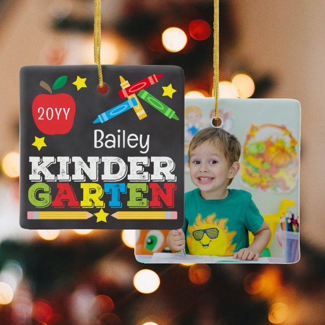 Kindergarten Keepsake Chalk Colorful Kids Photo Ceramic Ornament (Creator Uploaded)
