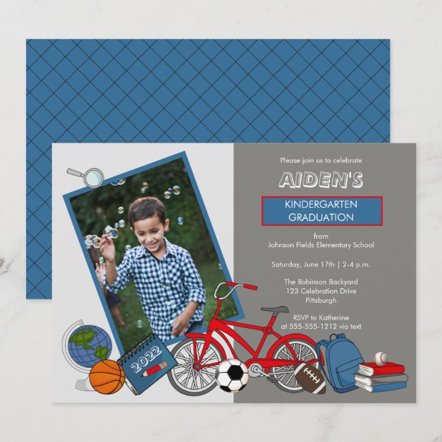 Kindergarten Photo Boy Graduation Party Invitation (Front/Back)