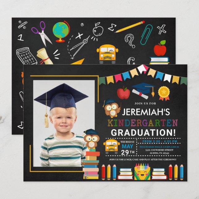 Kindergarten Photo Graduation Chalkboard Invitation (Front/Back)