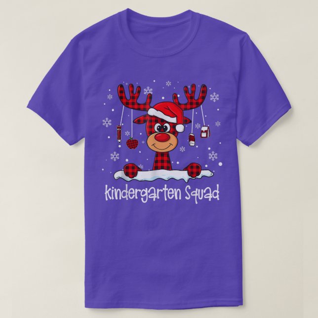Kindergarten Squad Plaid Reindeer Santa Hat Teache T-Shirt (Design Front)