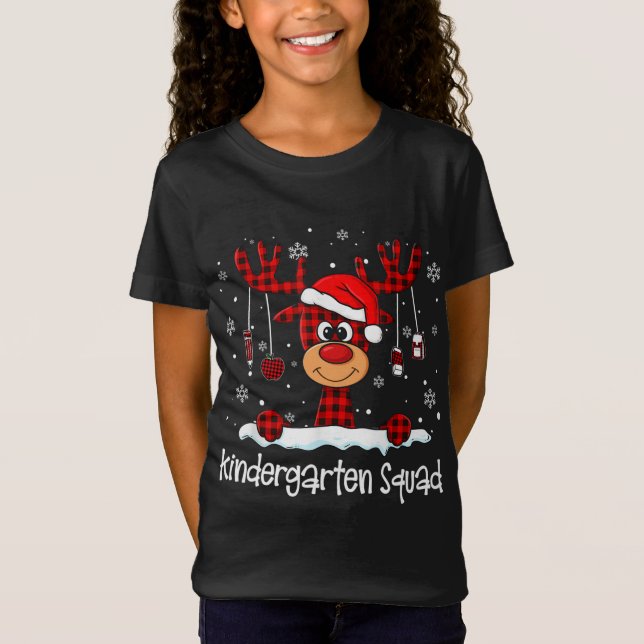 Kindergarten Squad Plaid Reindeer Santa Hat Teache T-Shirt (Front)