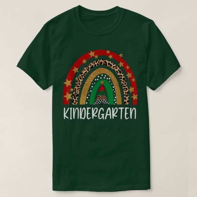 Kindergarten Teacher Christmas Funny Rainbow Leopa T-Shirt (Design Front)