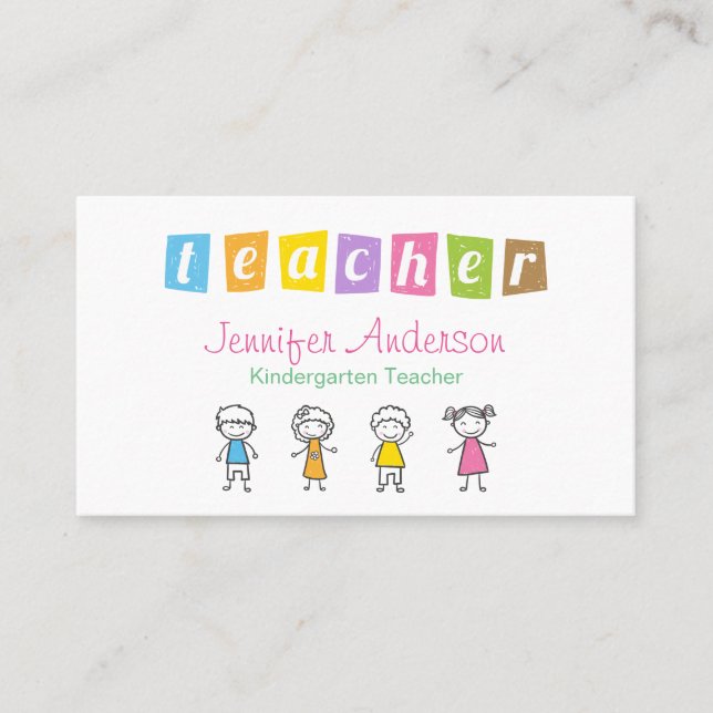 Kindergarten Teacher Crayon Hand Drawn Kids Business Card (Front)