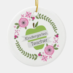 Kindergarten Teacher Green Apple Floral Wreath Ceramic Ornament