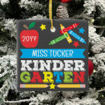 Kindergarten Teacher Keepsake Chalkboard Colorful Ceramic Ornament<br><div class="desc">Kindergarten teacher ornament design features an apple, a ruler, crayons and bold, colorful fun typography! Click the customize button for more options for modifying the text! Variations of this design, additional colors, as well as coordinating products are available in our shop, zazzle.com/store/doodlelulu. Contact us if you need this design applied...</div>