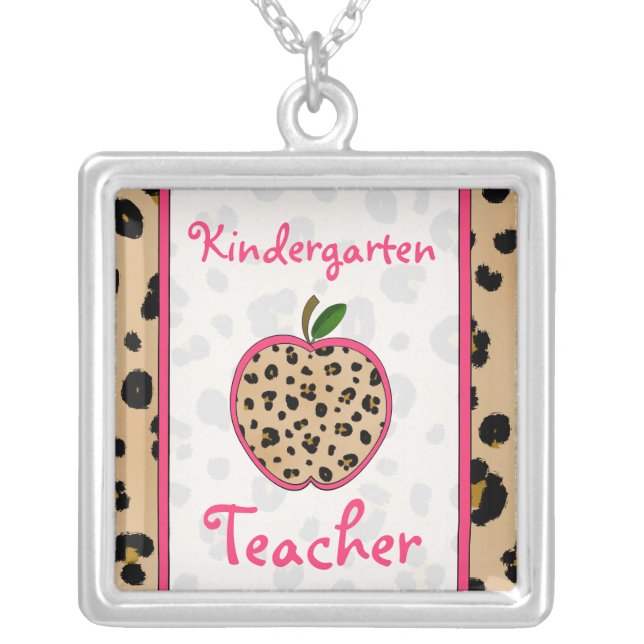 Kindergarten Teacher Leopard Print Apple Necklace (Front)