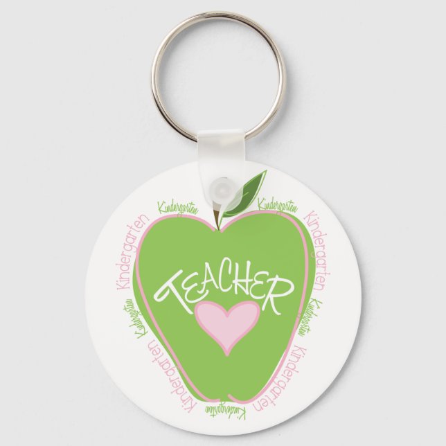 Kindergarten Teacher Pink and Green Apple Keychain (Front)