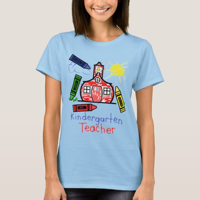 Kindergarten Teacher T Shirt- Schoolhouse & Crayon T-Shirt (Front)