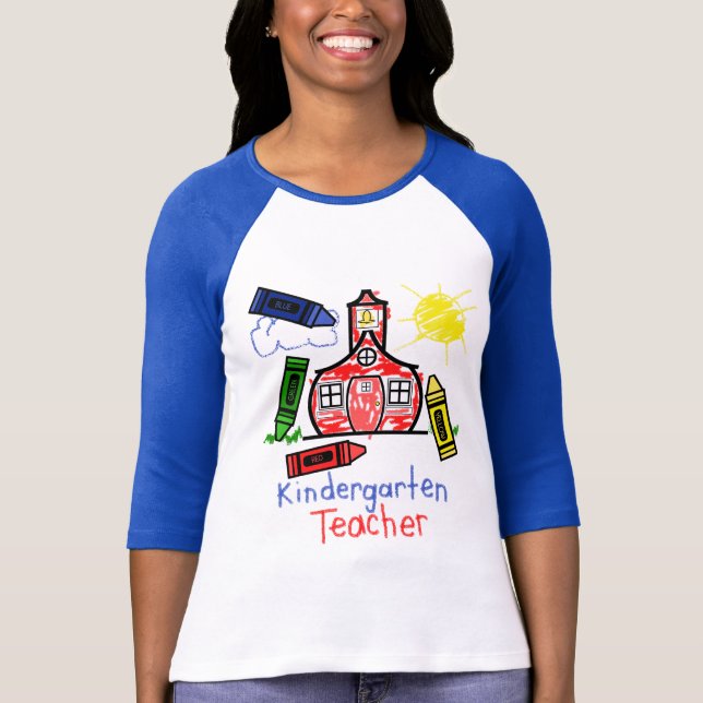 Kindergarten Teacher T Shirt- Schoolhouse & Crayon T-Shirt (Front)