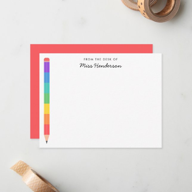 Kindergarten Teacher's Rainbow Pencil Custom  Note Card (Front/Back In Situ)